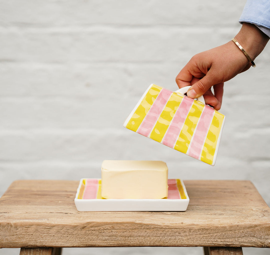 NOSS & CO BUTTER DISH PINK/YELLOW STRIPE