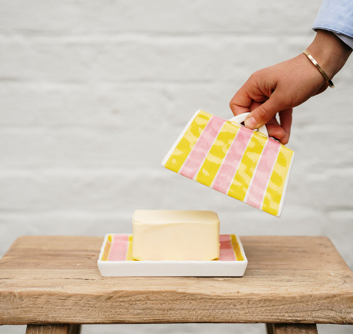 NOSS & CO BUTTER DISH PINK/YELLOW STRIPE