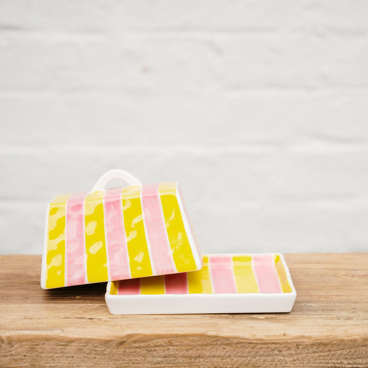 NOSS & CO BUTTER DISH PINK/YELLOW STRIPE